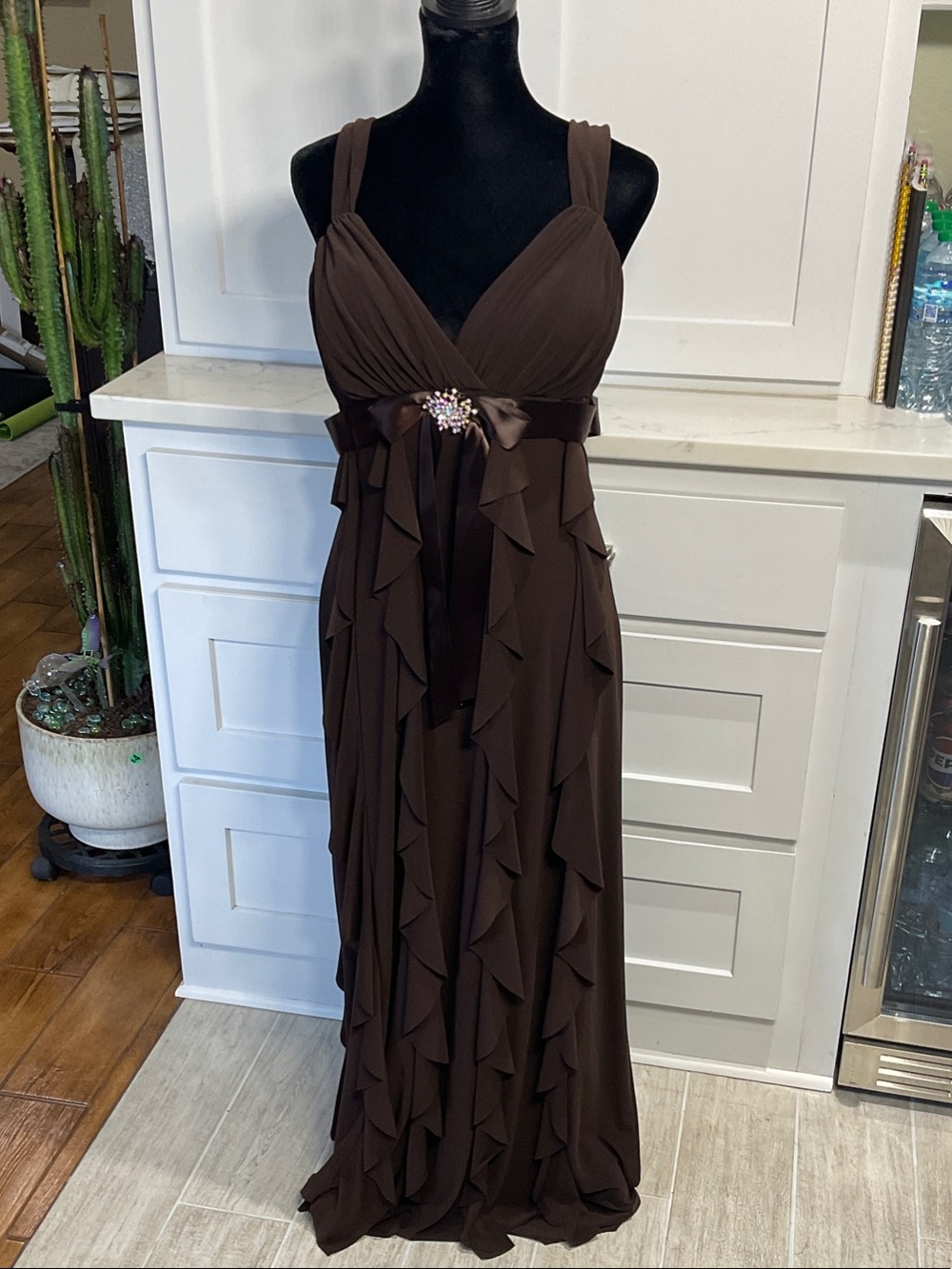 Elegant Brown Ruffle Maxi Dress with Embellished Waist